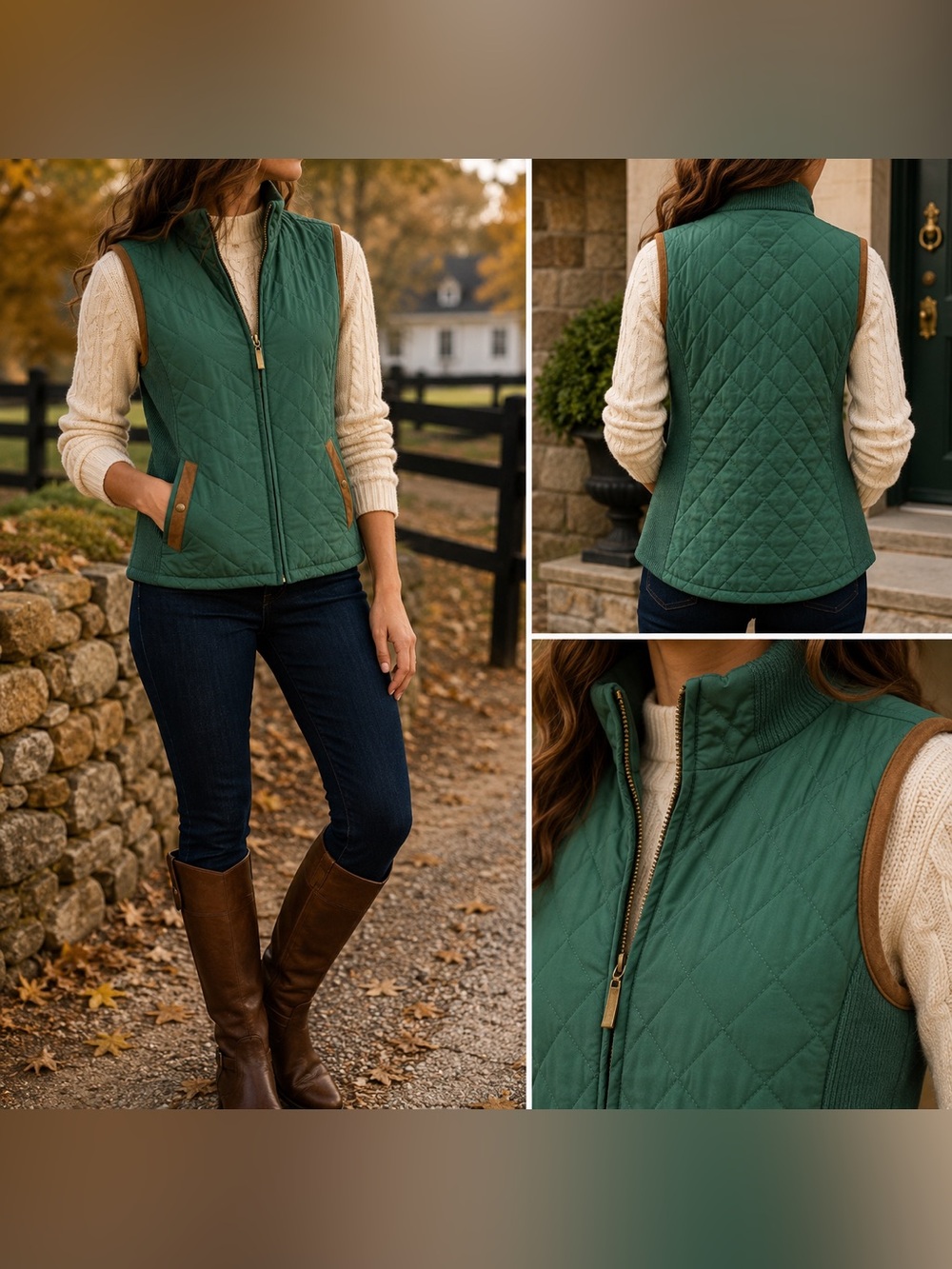 Green Quilted Zip Vest Faux Suede Trim Preppy Equestrian Cottagecore Women’s L